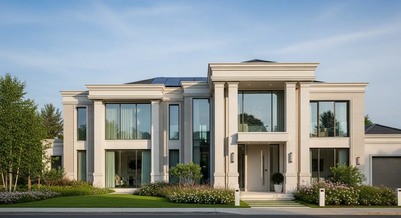 Desain rumah klasik modern dengan pilar sederhana, ornamen minimalis, dan integrasi smart home