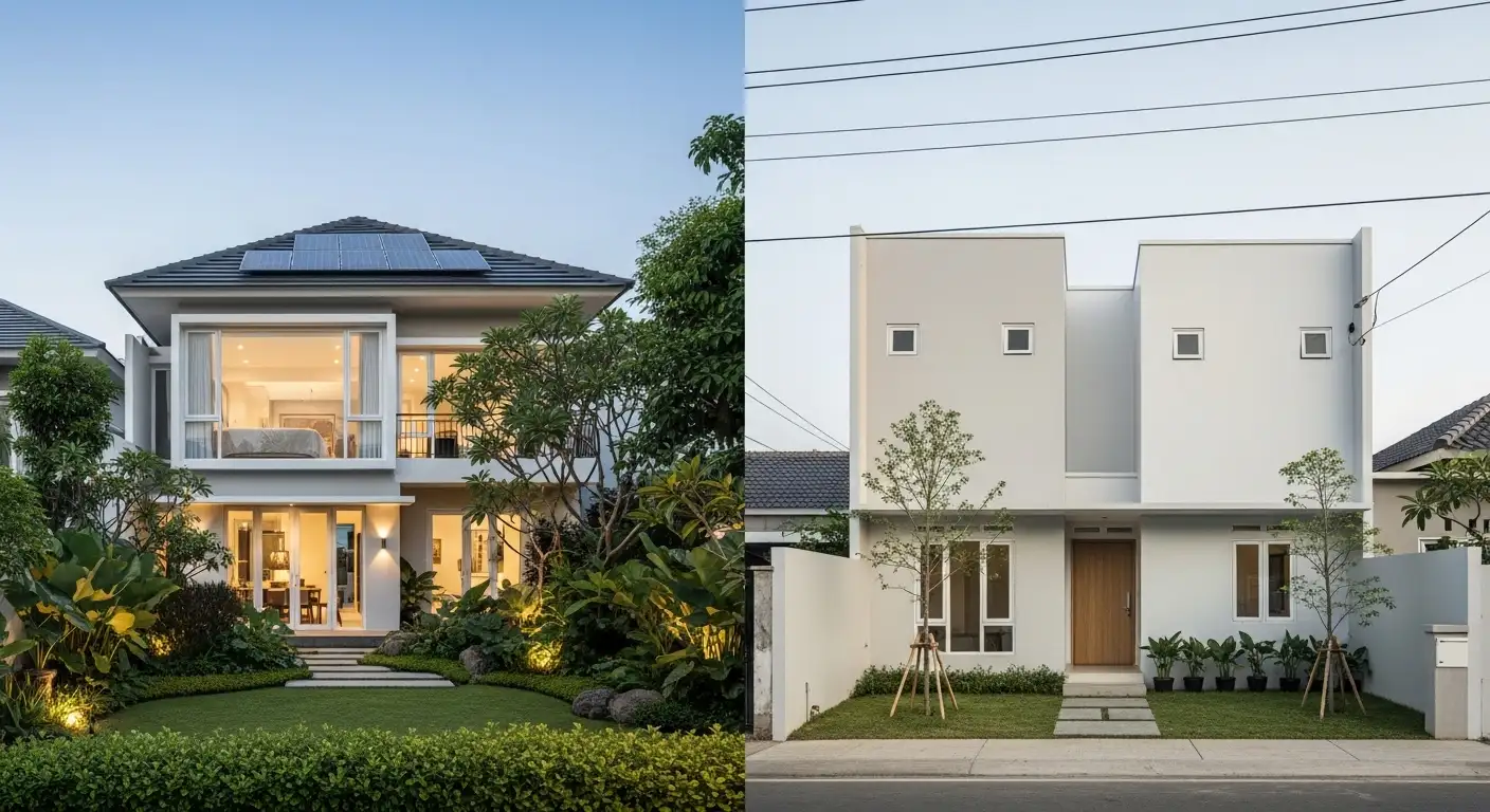 Perbandingan rumah modern dengan teknologi kontemporer dan rumah minimalis sederhana yang fungsional