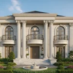 Rumah mewah klasik 2 lantai dengan fasad simetris, pilar elegan, dan taman depan rapi di Jabodetabek