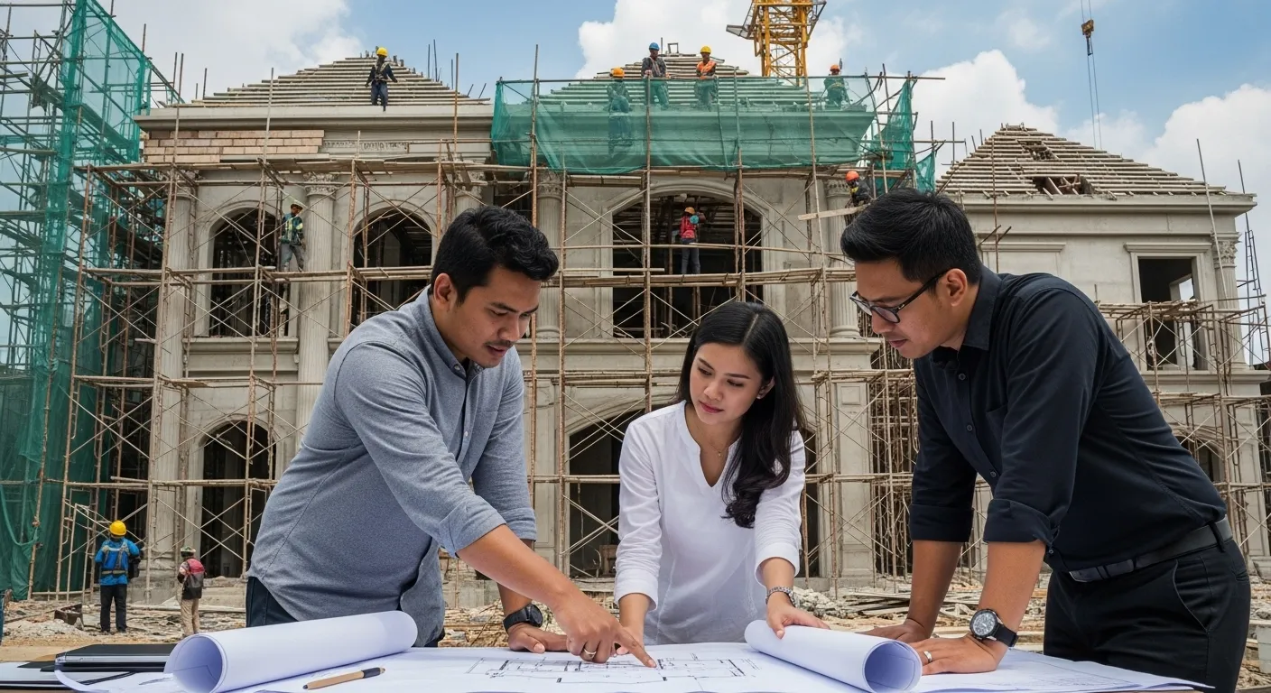 Ilustrasi tantangan pembangunan rumah klasik dengan desain detail arsitektur