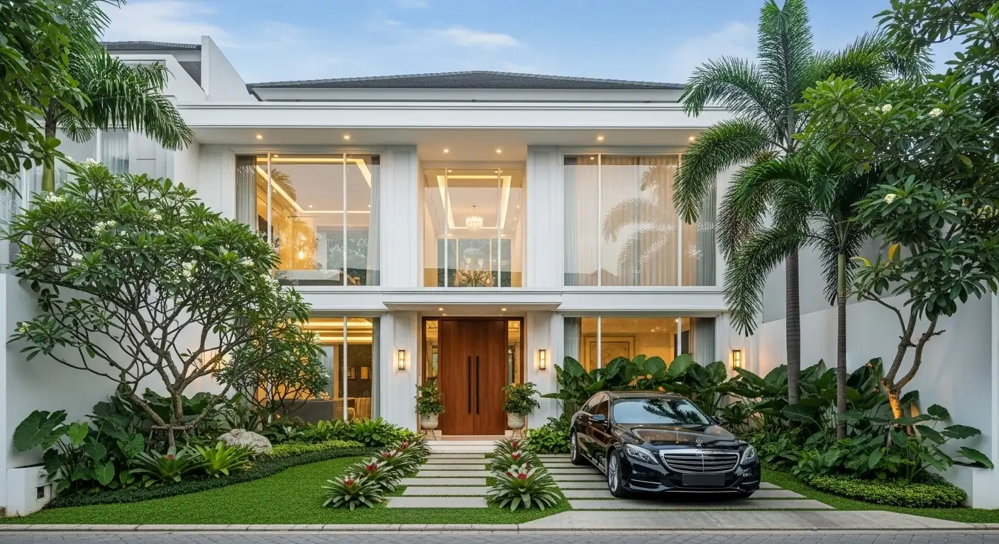 Rumah modern hasil renovasi total dengan fasad putih elegan, jendela kaca besar, carport, dan taman tropis rapi di Jakarta