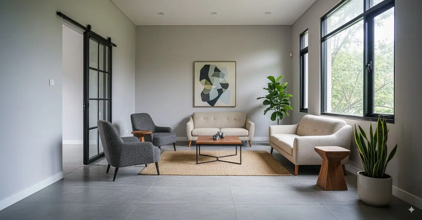 Ruang tamu modern hasil renovasi dengan desain minimalis, pencahayaan alami terang, lantai kayu, dan jendela besar