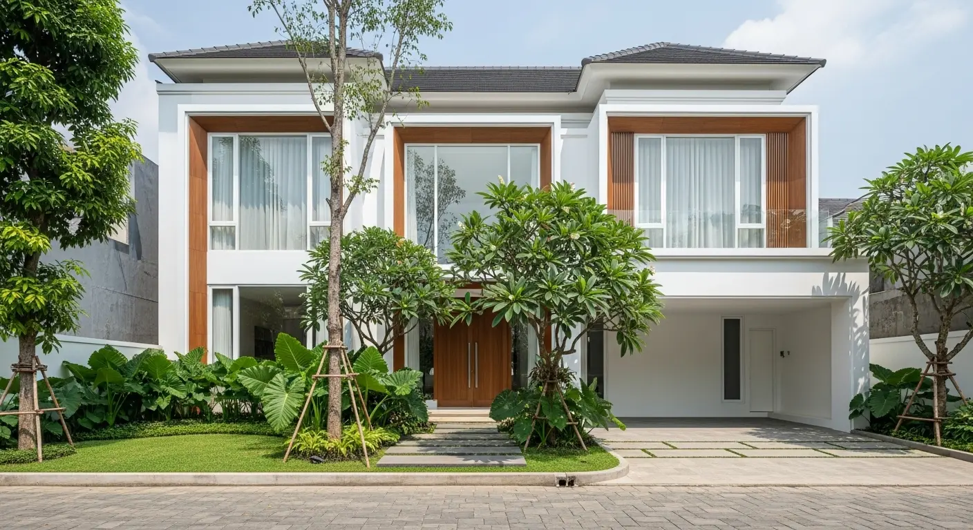Rumah hasil renovasi total modern minimalis dua lantai di Jakarta dengan fasad putih elegan, jendela kaca besar, dan taman tropis