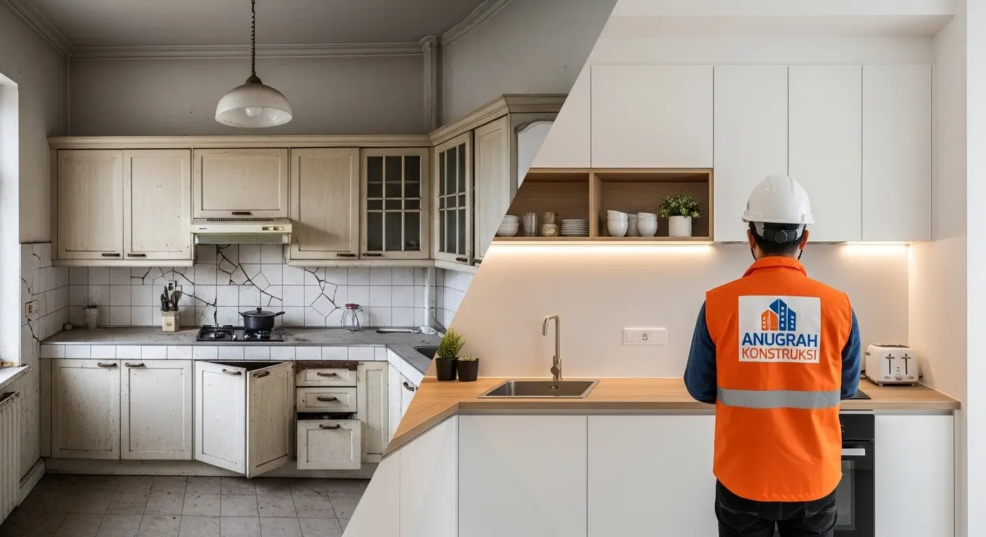 Perbandingan sebelum–sesudah renovasi parsial dapur oleh Anugrah Konstruksi
