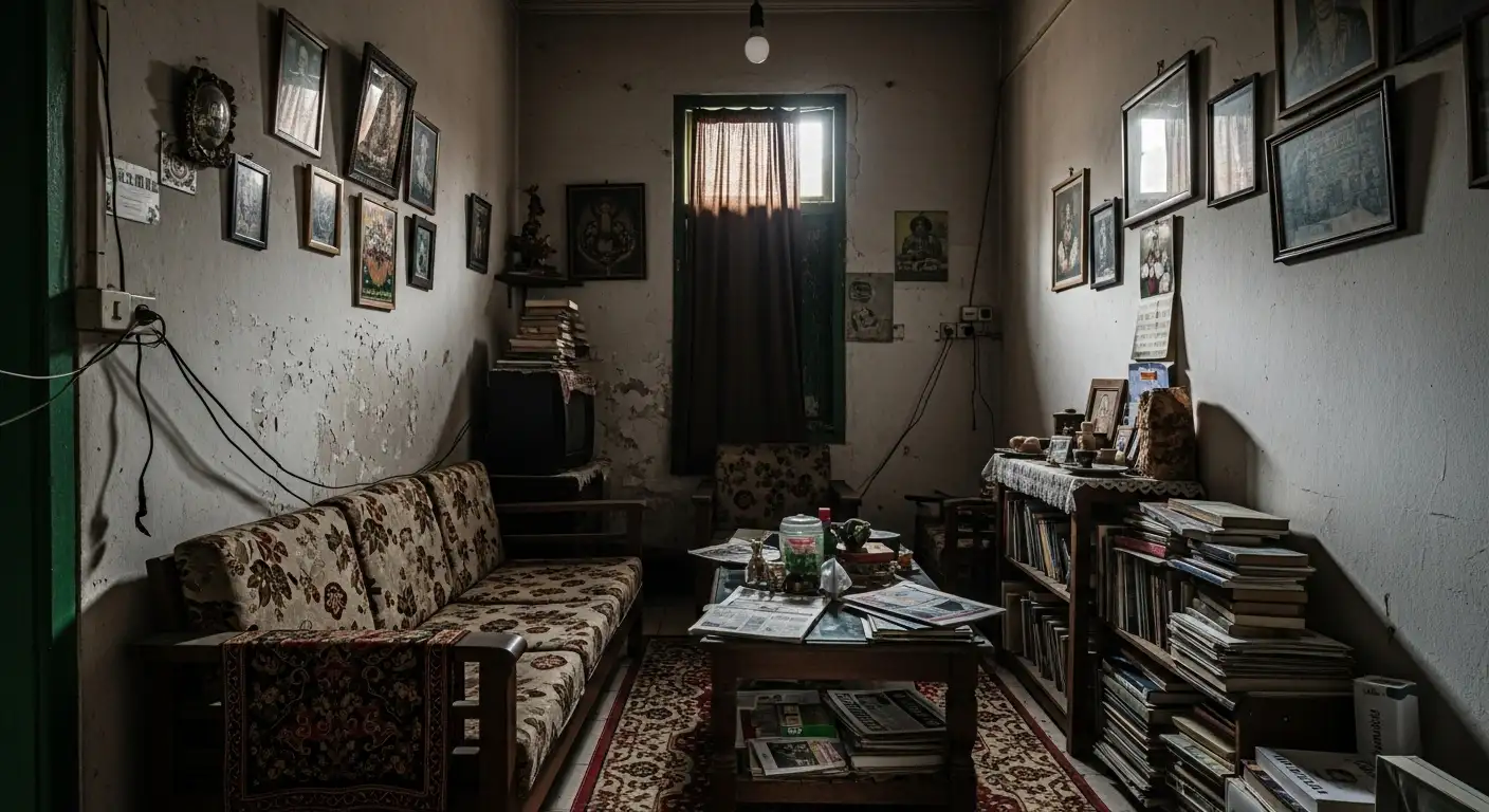 Ruang tamu lama yang sempit dan gelap di rumah Jakarta dengan pencahayaan buruk dan tata letak tidak efisien