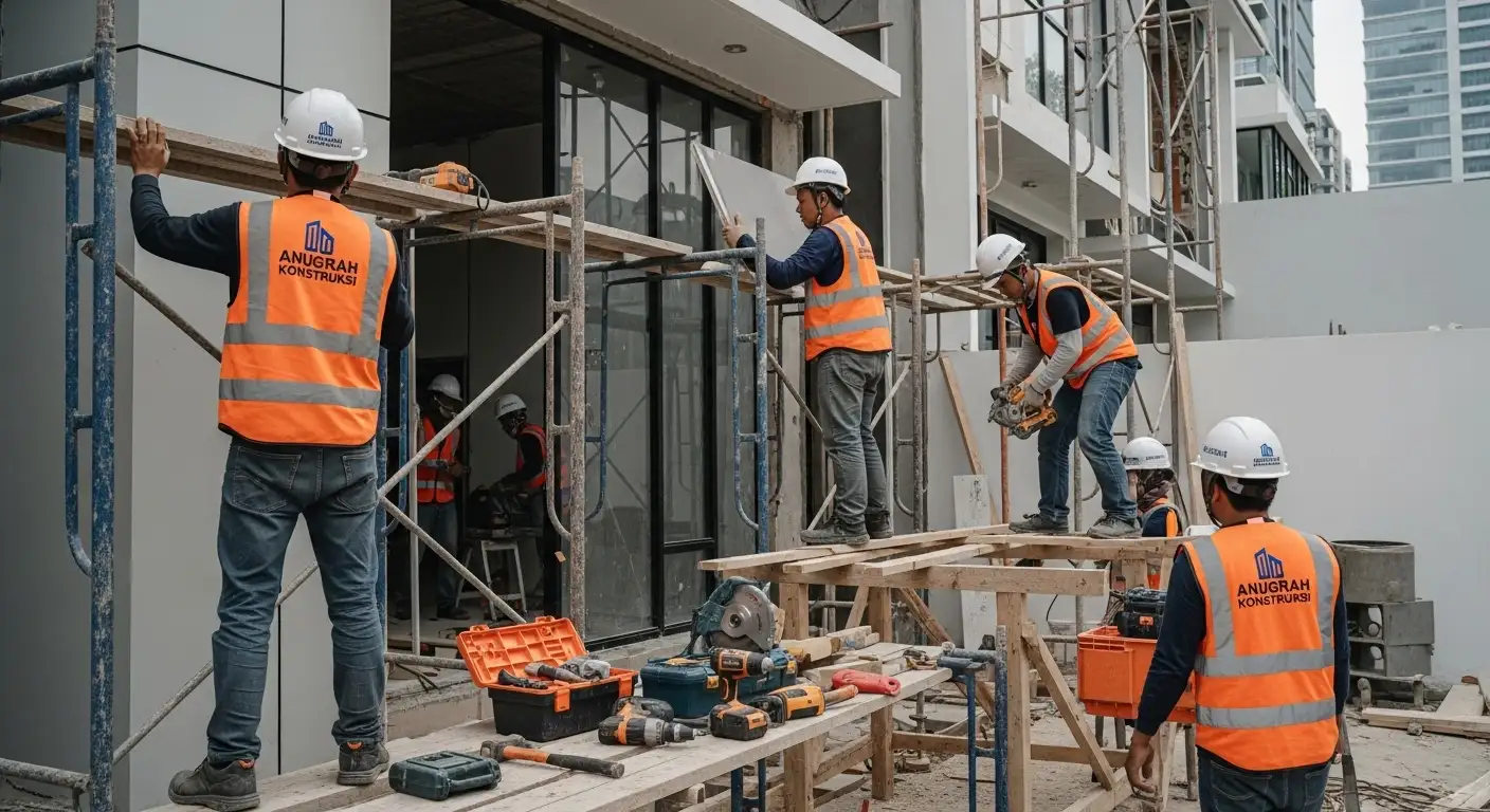 Pekerja renovasi rumah di Jakarta mengenakan rompi dan helm dengan logo Anugrah Konstruksi saat proses pembangunan