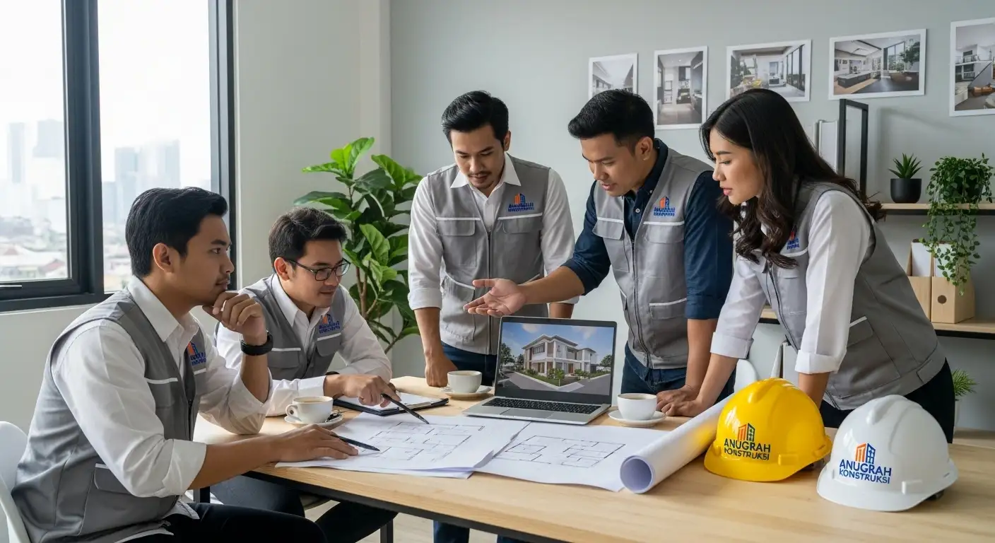 Tim arsitek dan kontraktor Anugrah Konstruksi sedang berdiskusi proyek renovasi rumah di kantor modern dengan blueprint dan laptop